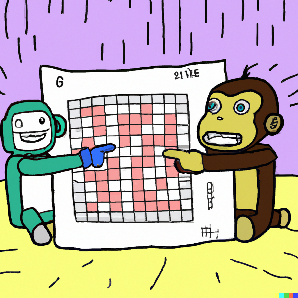 DALL_E_image of a monkey and a robot pointing a t aplot